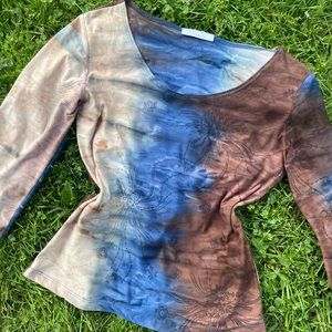 Earth tone brown and blue tie dye floral print fairy grunge blouse Size Large